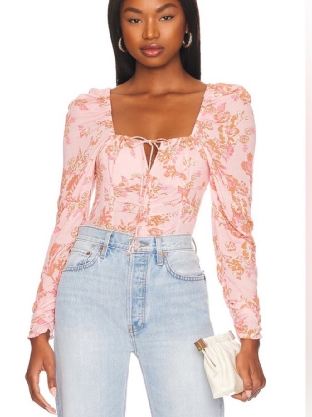 Free People Pink Floral Tie-Front Square-Neck Long Sleeve Top